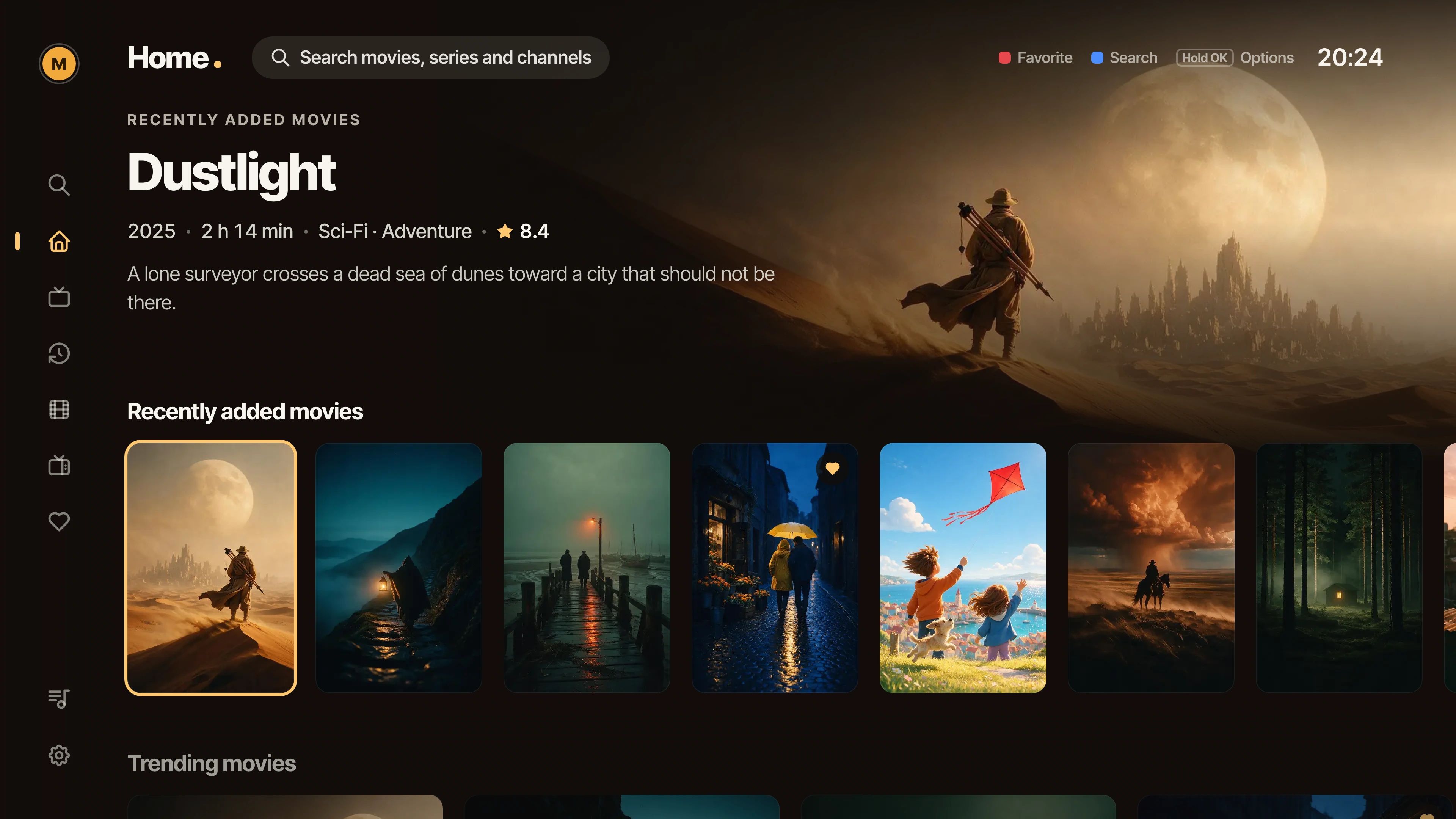 The Cozy Player home screen on a living-room TV: a featured film with its artwork, and a row of posters below.